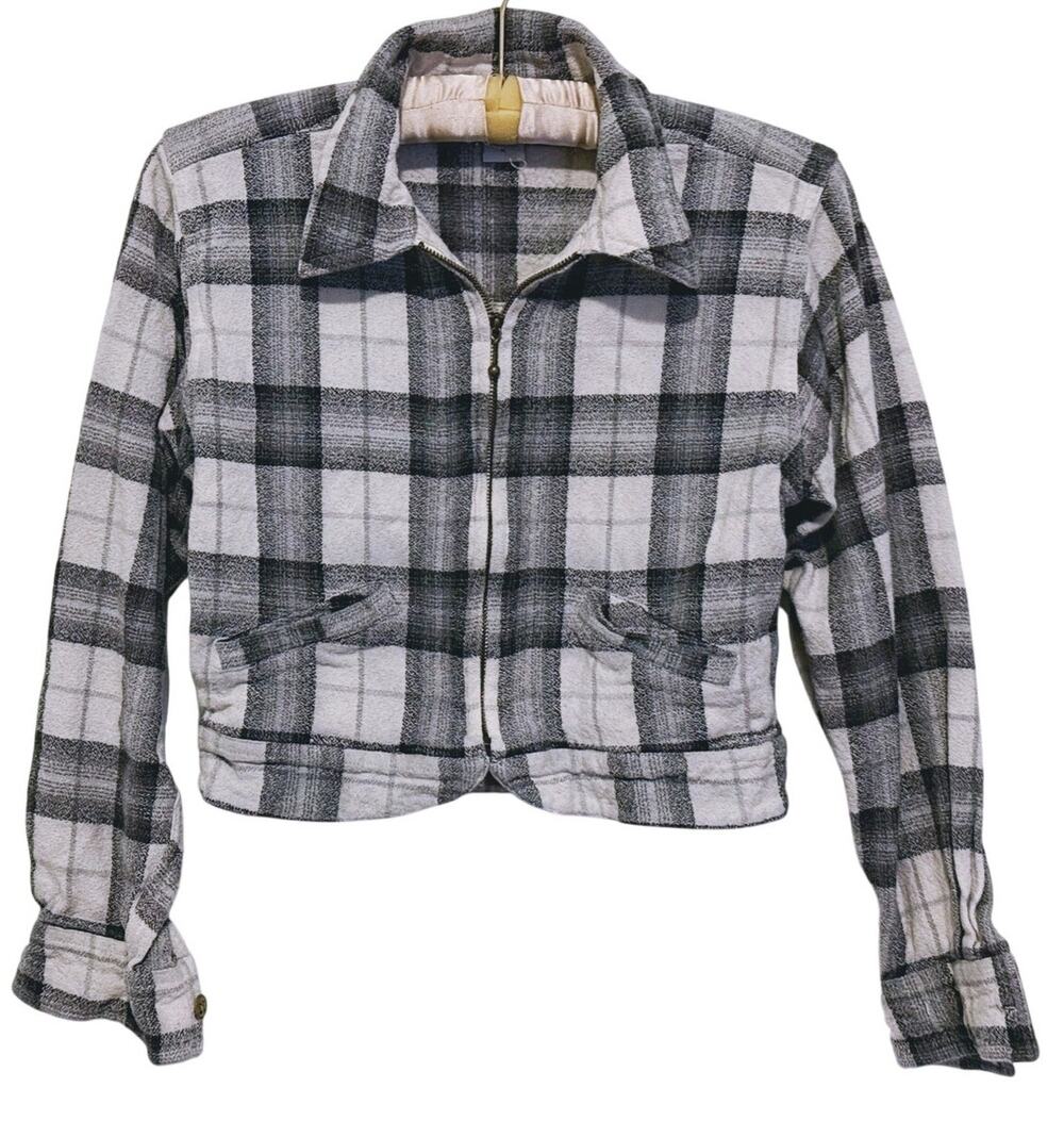 Vintage Y2K Angelique Plaid Cropped Zip Jacket M Gray 90s Grunge Indie Sleaze